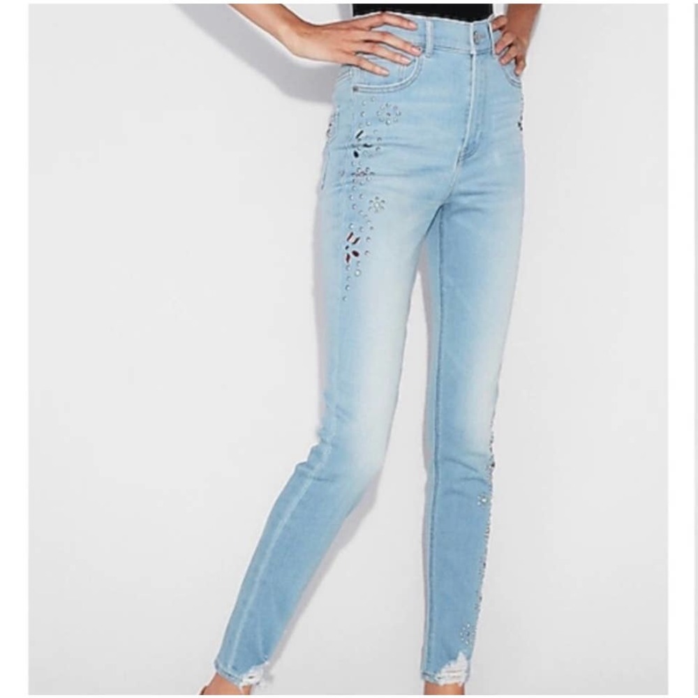 Express Rhinestone High Rise Stretch Ankle Legging Jeans - Picture 2 of 7